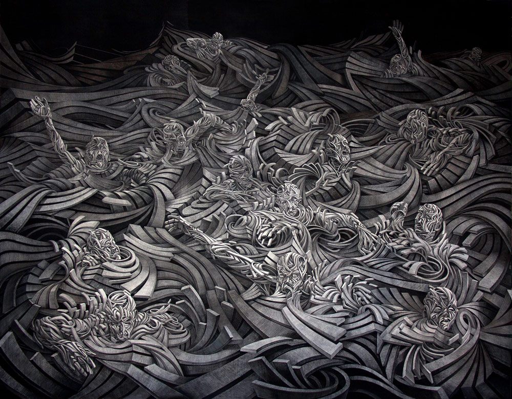 Marchal Mithouard, Shaka. Traverse. 230X180cm, pencil and charcoal on wood, 2023.